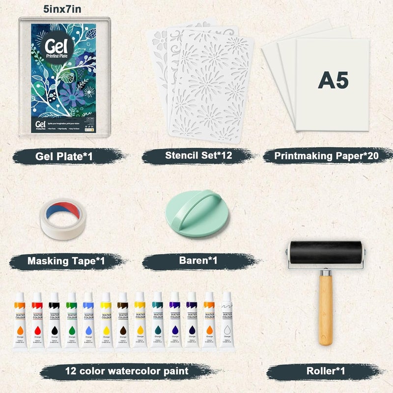 DINGSEN Gel Printing Plate Kit, Complete Printmaking Set with 5” X7” Gel Plate, Brayer, Watercolor Paints, A5 Printmaking Paper, and Essential Tools for Mixed Media Art, Monoprinting, Card Making - Image 3